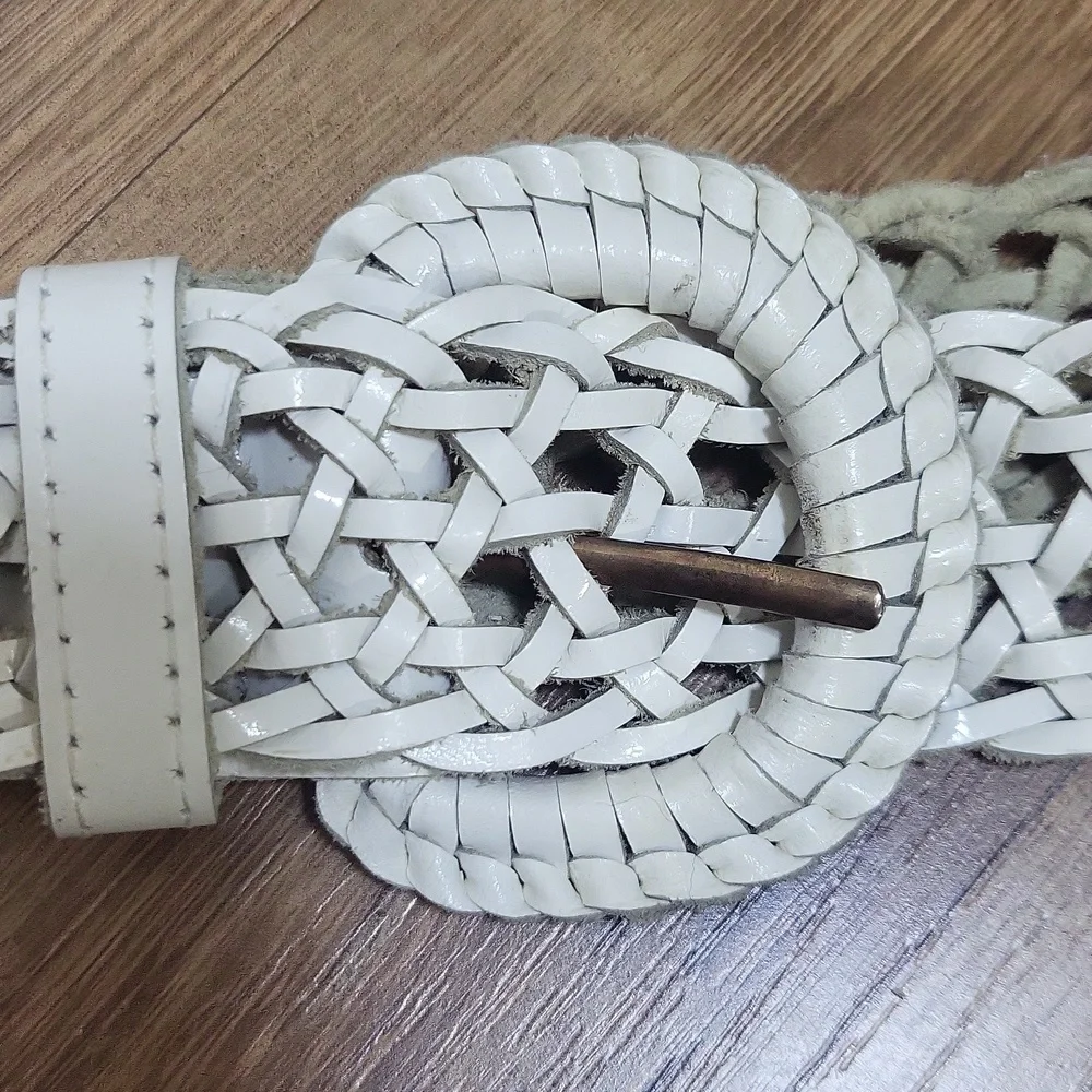 White Leather Open Weave Woven Braided Leather Belt 